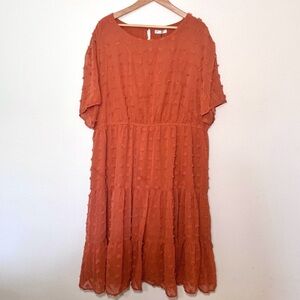 In’Voland Burnt Orange Swiss Dot Tiered Midi Dress 24W NWT